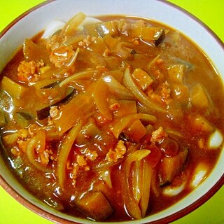 レトルトカレーで☆茄子とひき肉のカレーうどん